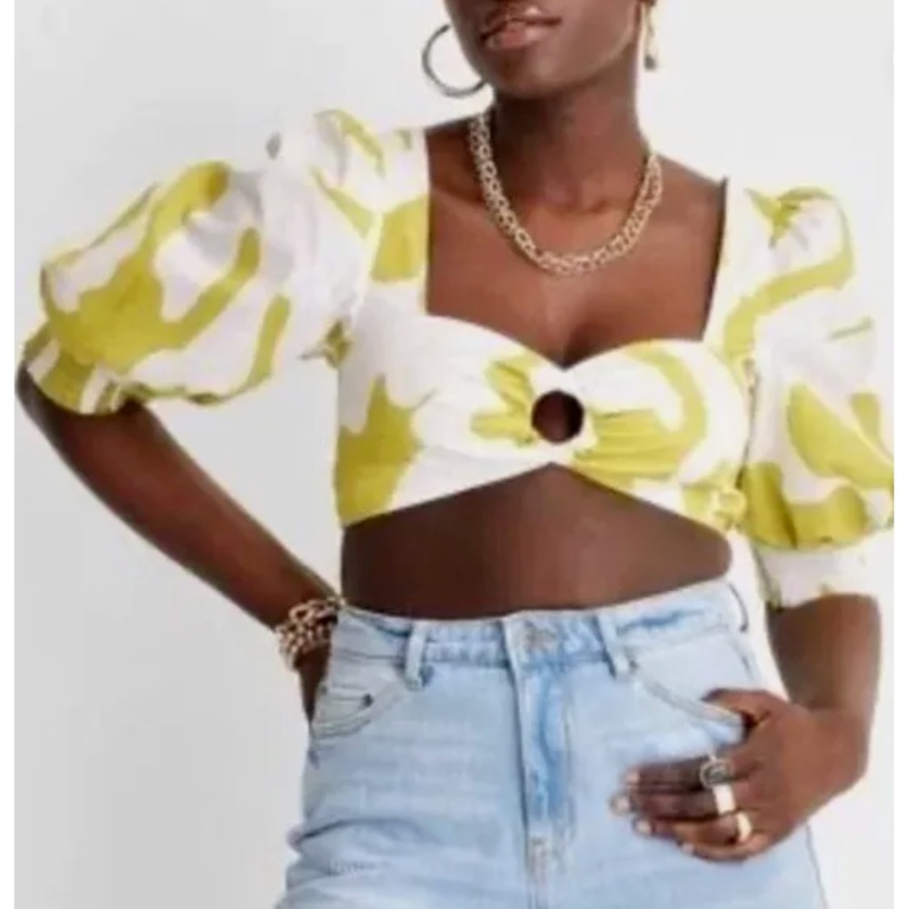 Women's Future Collective Cropped Puff Sleeve Top Tropical Print Green S